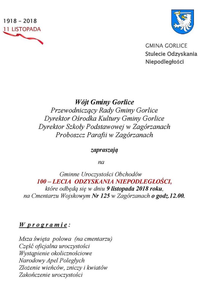 Zaproszenie na Gminne Uroczystości Obchodów 100 — LECIA ODZYSKANIA NIEPODLEGŁOŚCI